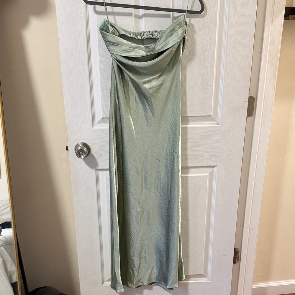 Sage Strapless Midi Satin Dress